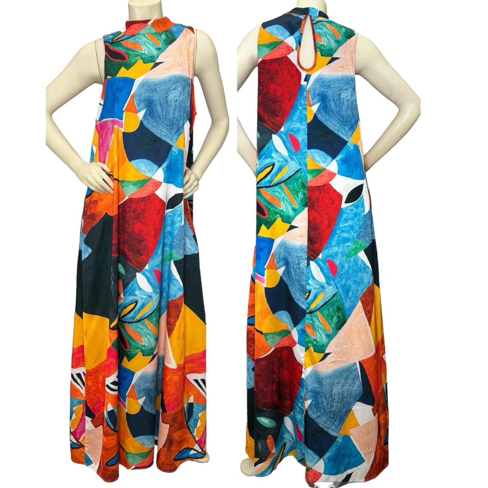 NICOLE MILLER NEW YORK Multicolor Abstract Sleeveless Halter Silky Maxi Dress XL